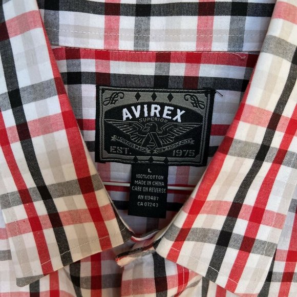 Avirex L Shirt Button Up Red Black Plaid Check Short Sleeve Classic Academia - Picture 7 of 7